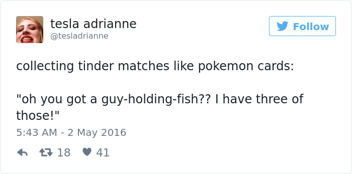 Tweet humorously comparing dating to collecting Pokémon cards.