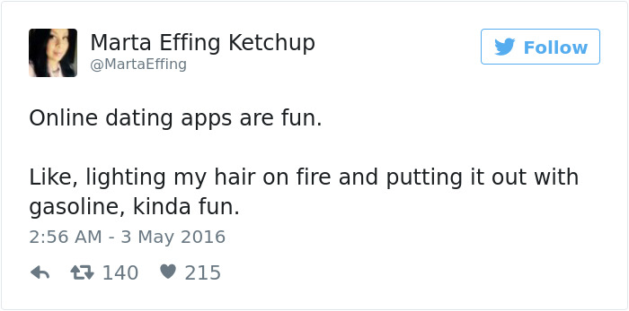 Tweet humorously compares online dating to lighting hair on fire, highlighting hilarious dating experiences.