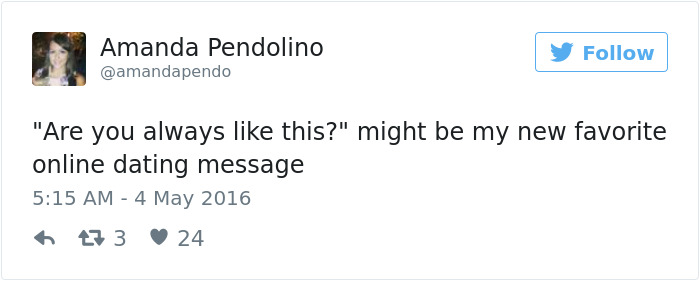 Tweet by Amanda Pendolino about a humorous online dating message.