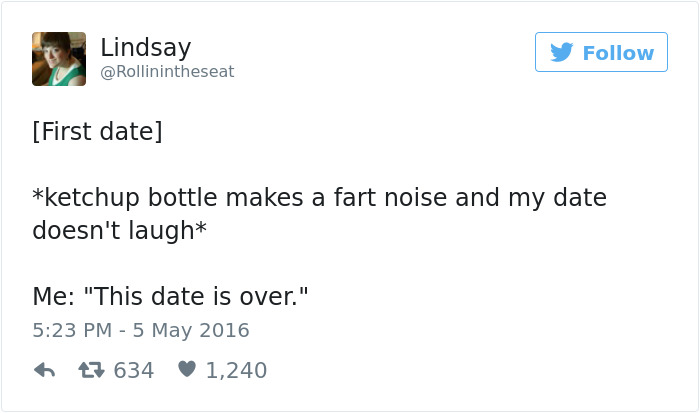 Tweet humorously depicts dating mishap with ketchup bottle noise ending a date.