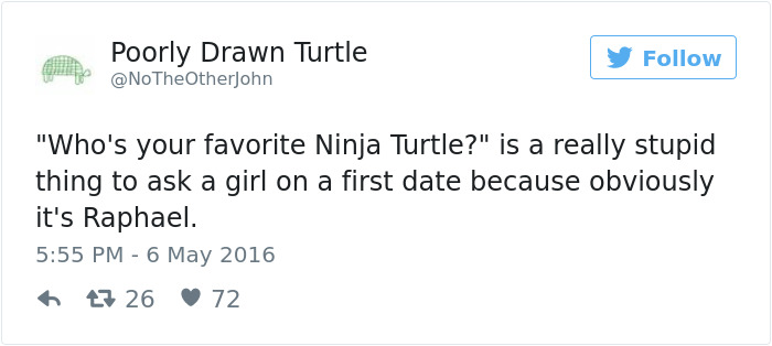 Tweet joking about dating, mentioning Ninja Turtles on a first date.