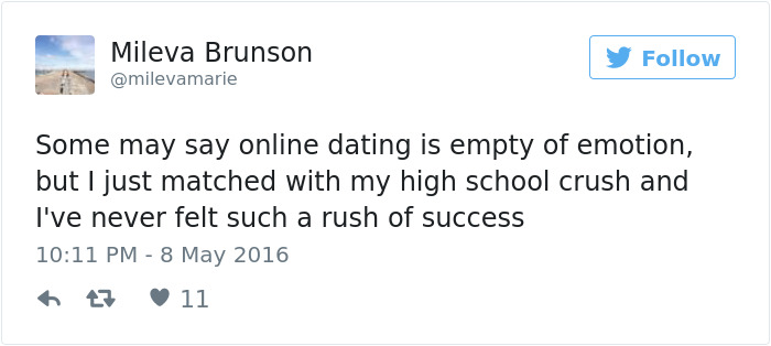 Tweet about dating joyfully recounting an online match with a high school crush, expressing unexpected success.