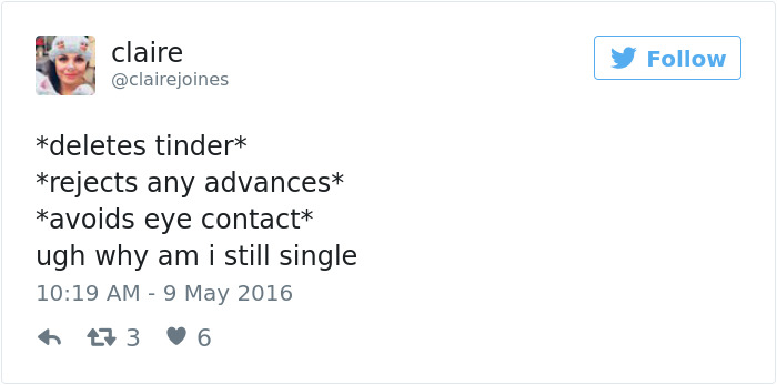 Tweet about dating struggles with humorous take on being single and avoiding advances.