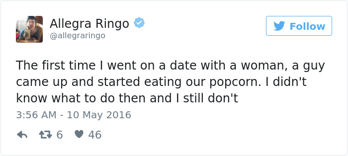 Tweet by Allegra Ringo about a funny dating moment with unexpected popcorn sharing.