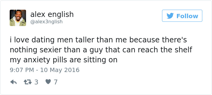 Funny tweet about dating and height preferences involving anxiety pills.