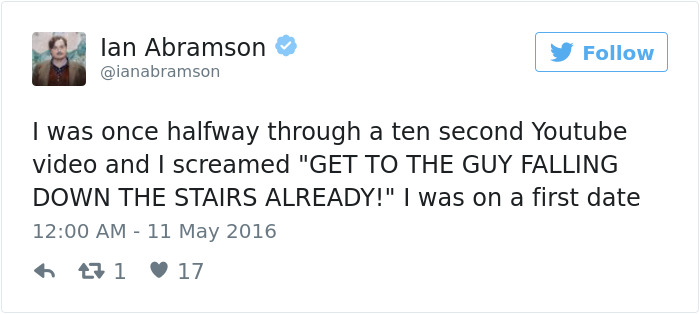 Tweet about a funny dating moment involving impatience with a YouTube video during a first date.