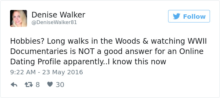 Screenshot of a tweet about hilarious dating experiences, mentioning hobbies like walks and documentaries.