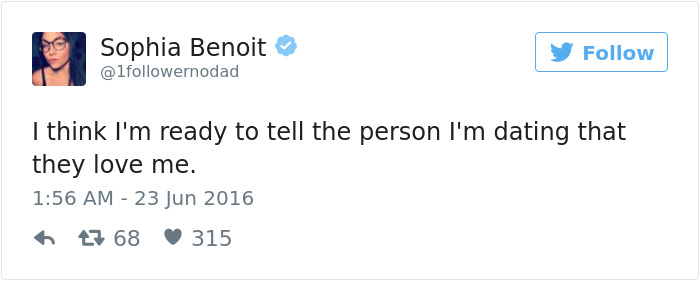 Tweet by Sophia Benoit humorously discusses dating.