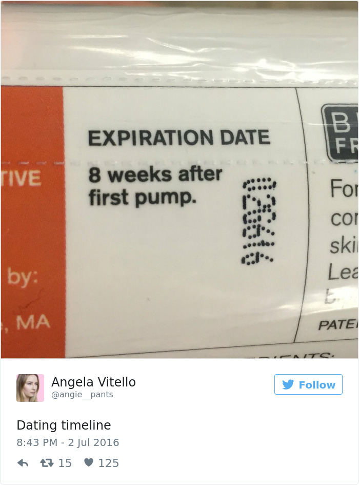 Product expiration label humorously compared to a dating timeline in a tweet.
