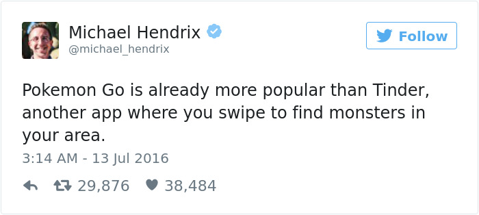 Tweet humorously comparing Pokémon Go to Tinder, emphasizing dating and swiping to find monsters.