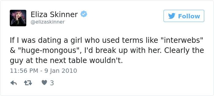 Tweet about dating preferences and humorous breakup over language use.