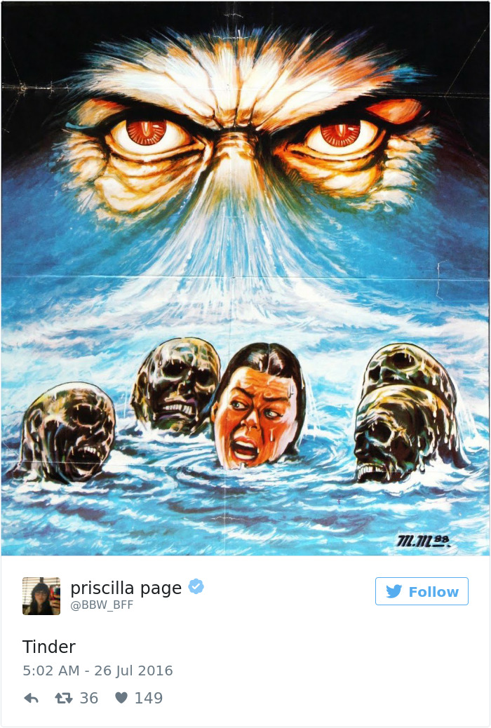 A comical tweet about dating with an image of frightened faces and menacing eyes looming above.