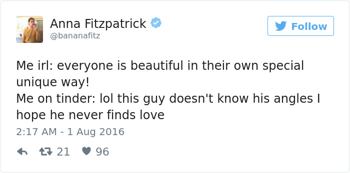 Tweet humorously contrasts real life and dating app experiences.