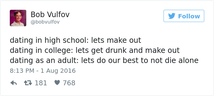 A tweet humorously contrasting dating in high school, college, and adulthood.