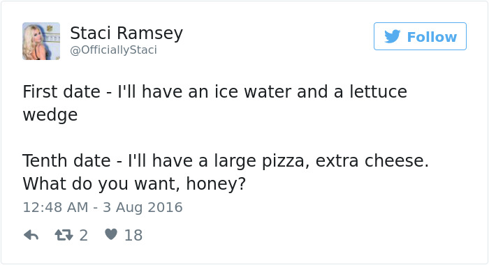 A funny tweet about dating expectations, contrasting a first date with a tenth date's food choices.