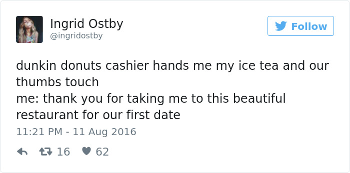 Tweet about dating humor with a Dunkin' Donuts cashier encounter, highlighting a funny first date scenario.