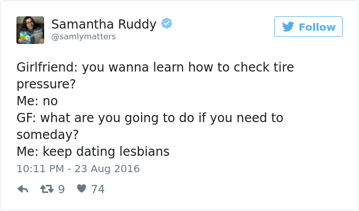 Tweet about dating humor with a conversation on checking tire pressure, highlighting a funny response.