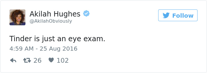 A tweet humorously comparing Tinder to an eye exam.