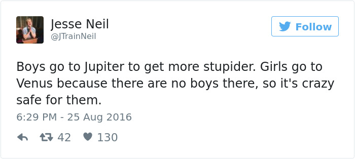 Tweet humorously comparing boys and girls using planets, highlighting hilarious dating scenarios.