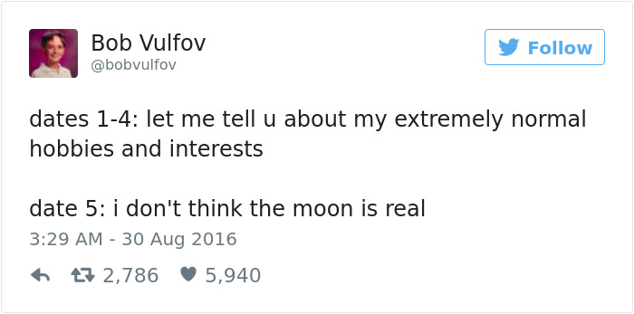 Screenshot of a humorous tweet about dating, highlighting quirky conversation topics.