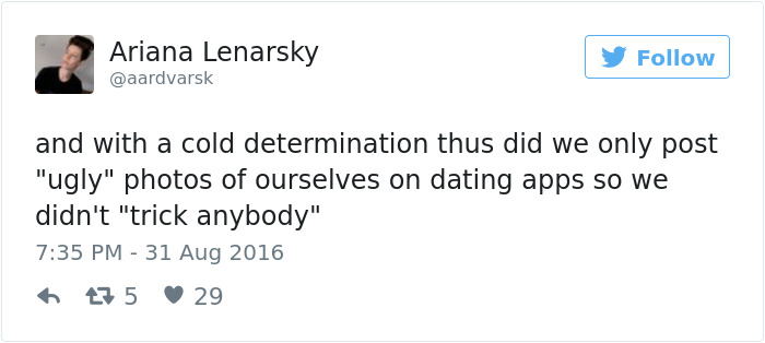 Tweet about dating with humorous take on posting "ugly" photos to avoid misleading others on apps.