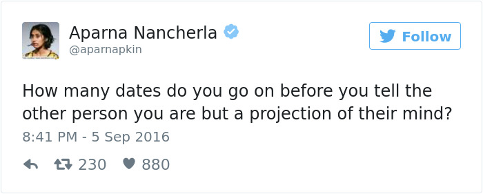 Tweet by Aparna Nancherla humorously questioning dating projections and realities.