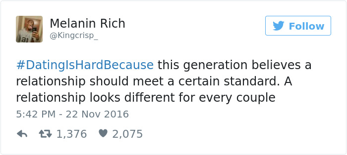 Tweet about dating challenges by Melanin Rich, highlighting generational relationship standards.