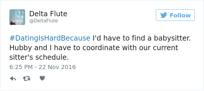 Tweet about dating struggles with babysitting, featuring #DatingIsHardBecause, highlighting common relationship challenges.