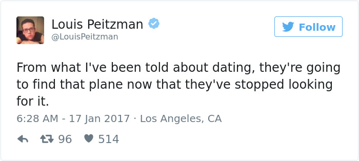 Tweet about dating humor, referencing finding a plane when not searching.