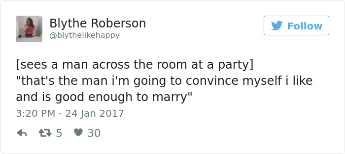 Tweet about dating humor by Blythe Roberson: "sees a man across the room..." with likes and retweets.