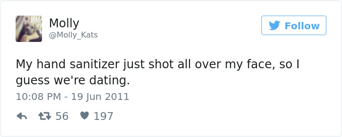 A funny tweet about dating featuring hand sanitizer humor.