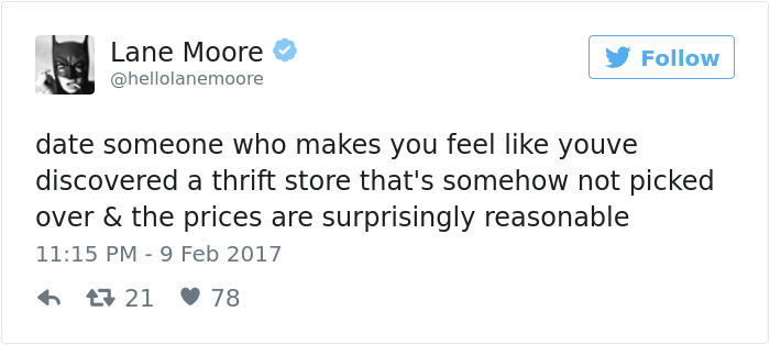 Tweet about dating humor by Lane Moore comparing dating to a thrift store find.