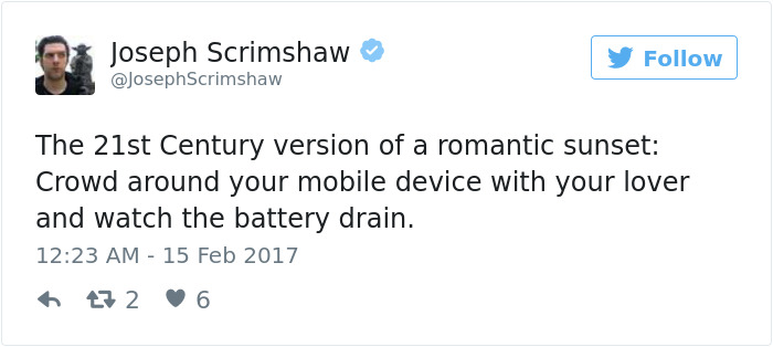 Hilarious tweet about dating in the 21st century, highlighting modern romance with mobile devices.