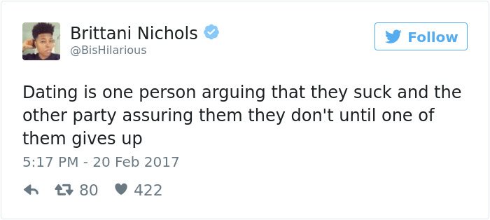Tweet humorously describing the dynamics of dating.