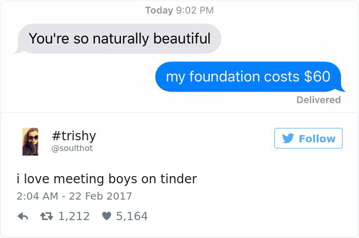 Screenshot of a dating text exchange and a humorous tweet about Tinder, highlighting funny dating moments.