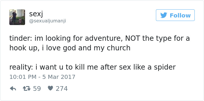 Tweet humorously contrasts dating profiles with reality, referencing Tinder and dating expectations.