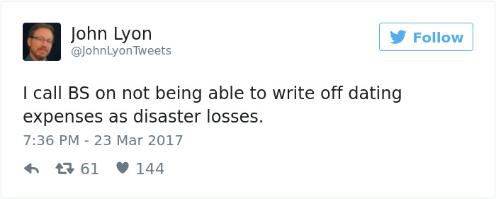 Tweet about dating expenses humorously compared to disaster losses.
