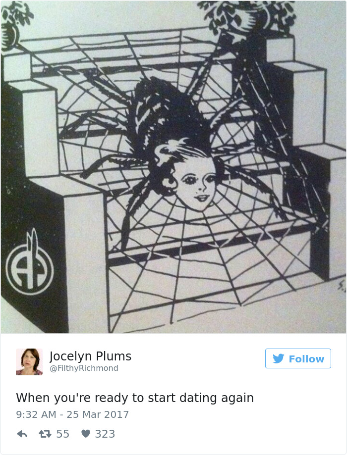 A surreal illustration of a woman’s face on a spider body in a web, humorously depicting dating experiences.