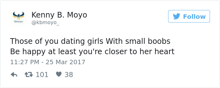 Kenny B. Moyo tweets a humorous dating joke about girls with small b***s, suggesting appreciation.