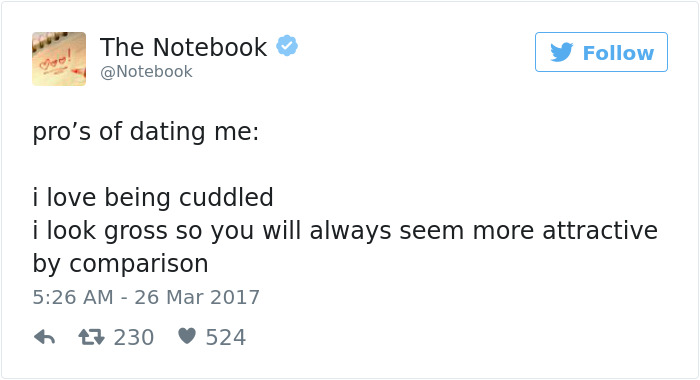 Funny tweet about dating, noting advantages like enjoying cuddles and making a partner look attractive by comparison.