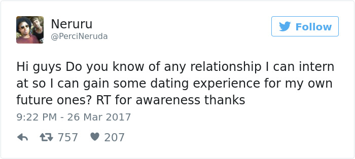 Tweet humorously asking for dating experience through a relationship internship.