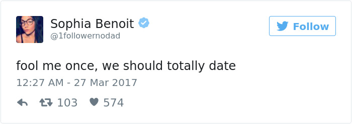 Sophia Benoit tweet about dating humor reads: "fool me once, we should totally date."
