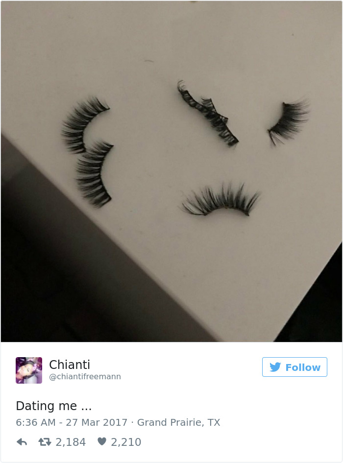 False eyelashes humorously arranged on a table, capturing a dating-related tweet.
