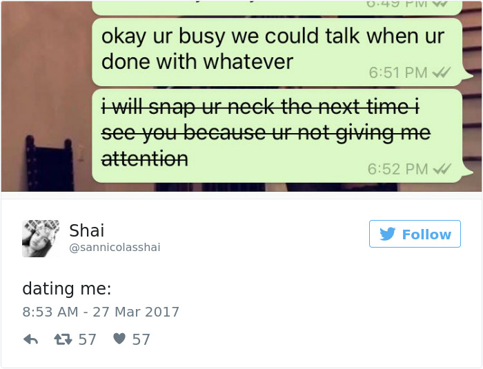 Screenshot of a hilarious tweet about dating, showing edited texts and a humorous reaction.