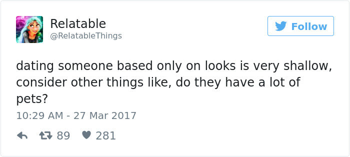 Tweet about dating humor: "Consider things like do they have a lot of pets?" by RelatableThings.