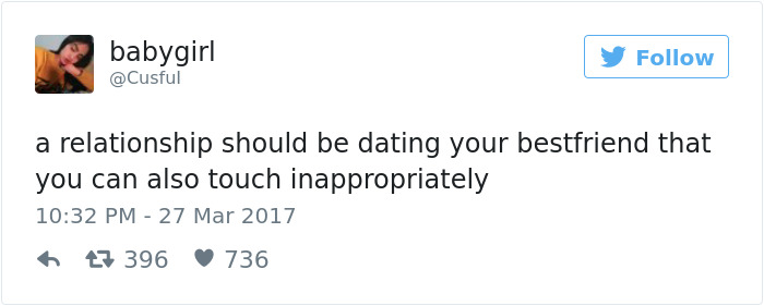 A tweet about dating humor, posted by @Cusful, expressing a funny take on relationships.