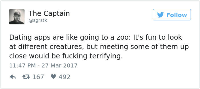 Tweet humorously comparing dating apps to a zoo, highlighting dating experiences.