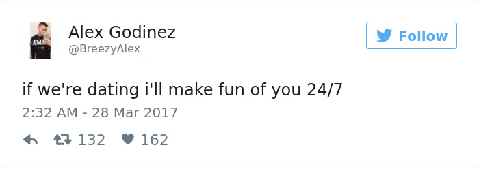A tweet about dating humor, expressing playful teasing in relationships.