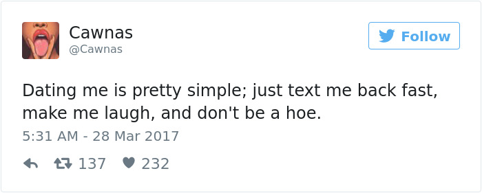Tweet about dating humorously highlighting simple relationship expectations.