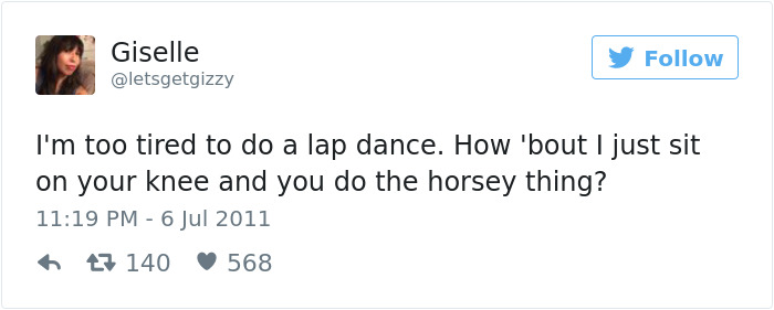 Tweet about dating humor by user Giselle, expressing fatigue with a playful suggestion for a lap dance alternative.